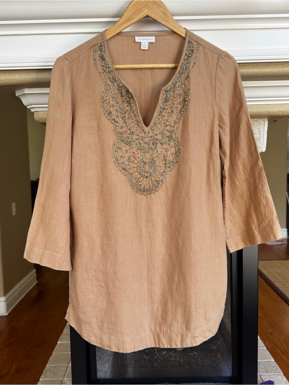 Tan Linen Tunic Top Beaded Mandala neckline Resort wear Small